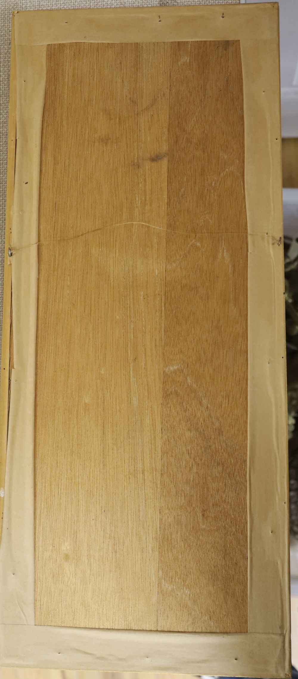 Two Chinese wood and porcelain mounted panels, largest 79 x 26cm and an embroidered silk panel, 62 x 25cm